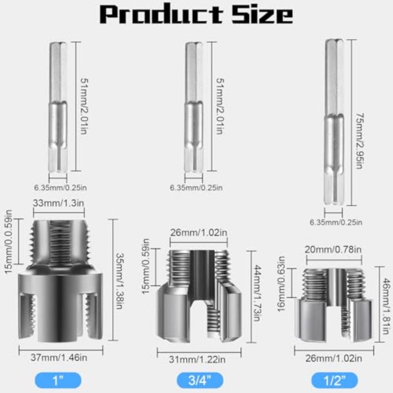 3 Pcs Pipe Thread Cutting Tool Integrated Internal and External Pipe Threading Tool Electric Drill Compatible PVC Tube Threader Kit, 1/2", 3/4", 1'' Tube Sizes Rethreading Kit - Image 2