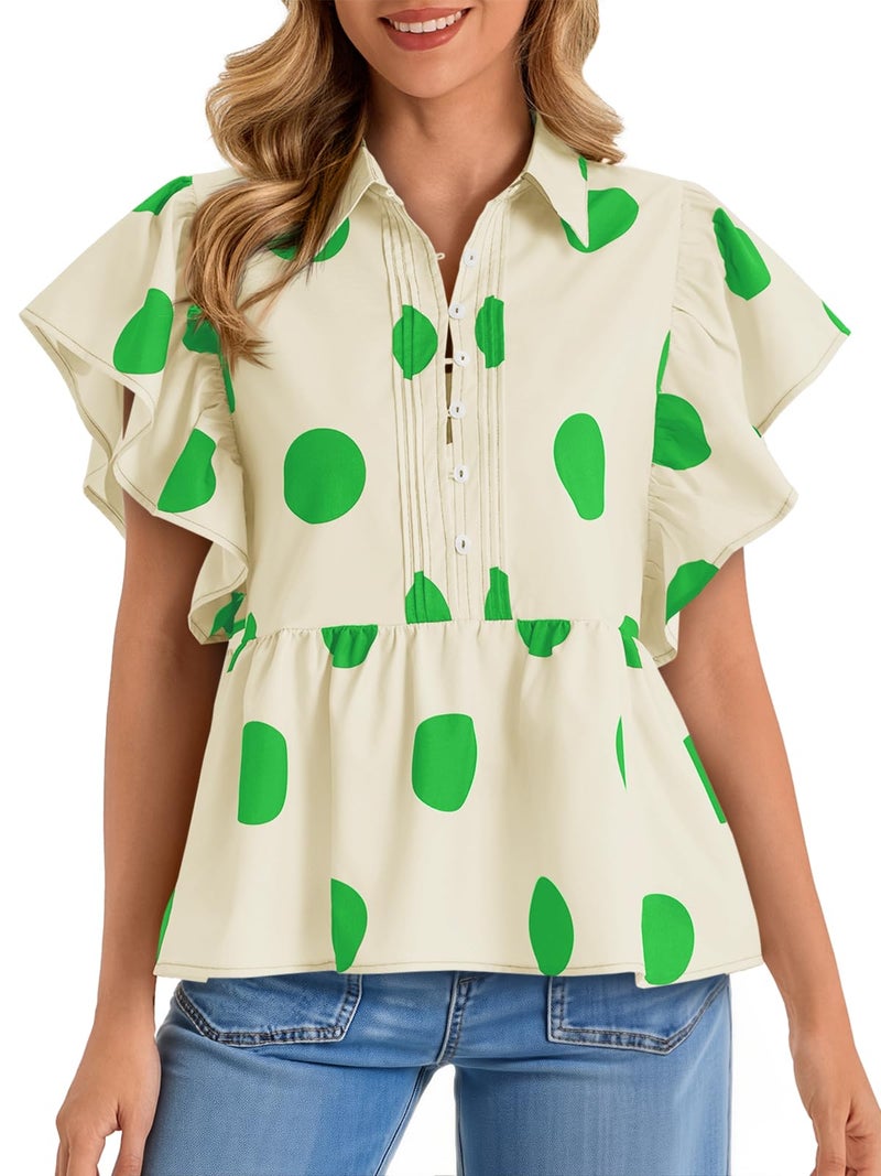 Cicy Bell Womens Polka Dot Babydoll Tops Peplum Ruffle Cap Sleeve Blouses Summer Casual Half Button Up Shirts Apricot - Image 1