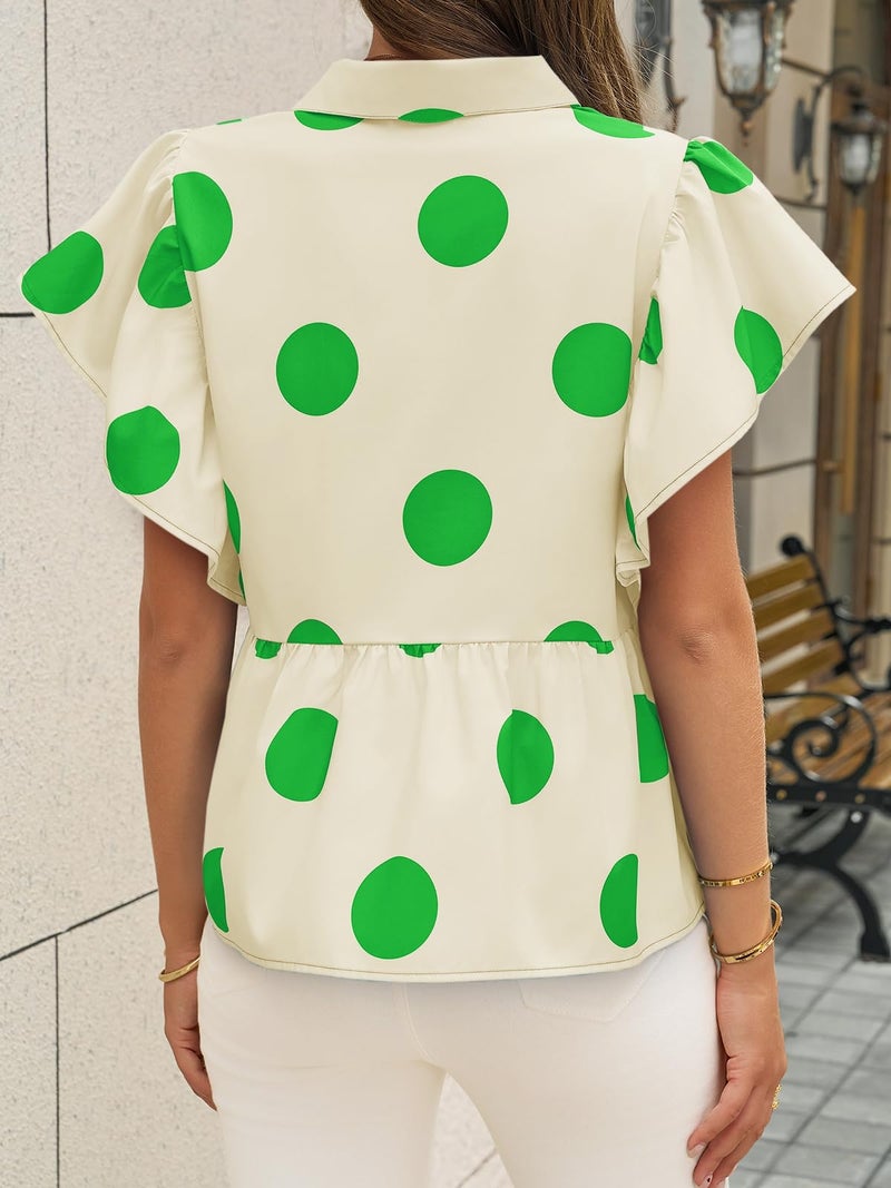 Cicy Bell Womens Polka Dot Babydoll Tops Peplum Ruffle Cap Sleeve Blouses Summer Casual Half Button Up Shirts Apricot - Image 3