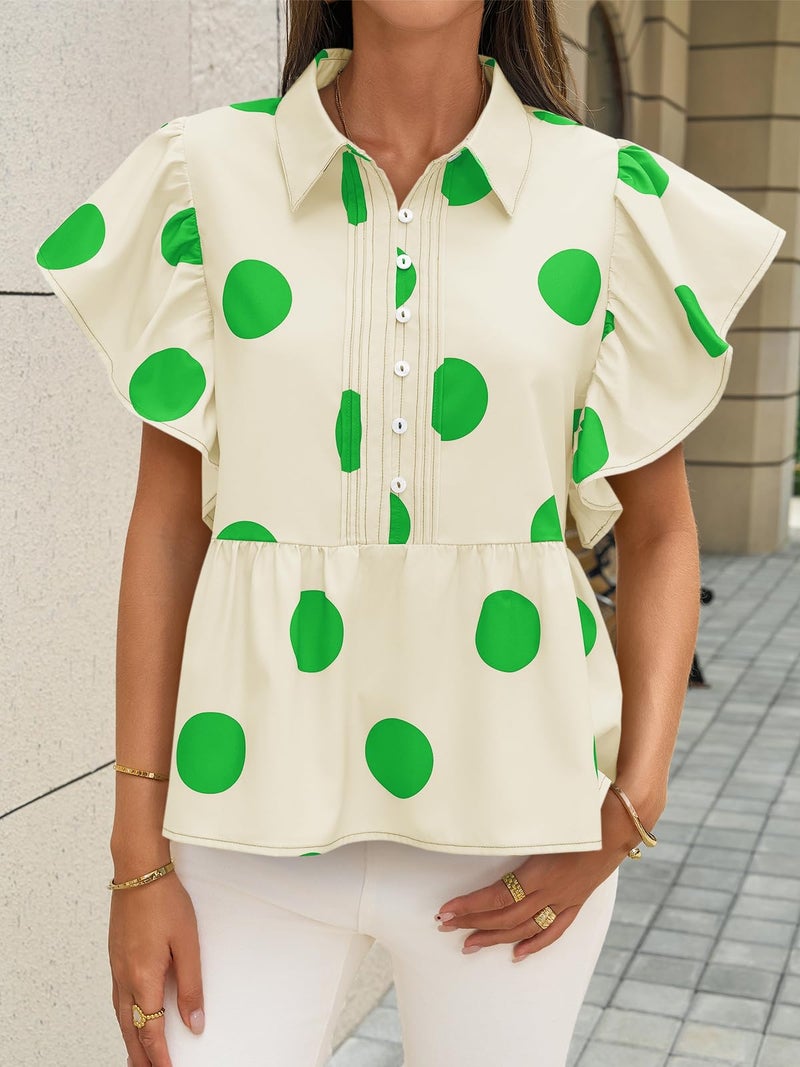 Cicy Bell Womens Polka Dot Babydoll Tops Peplum Ruffle Cap Sleeve Blouses Summer Casual Half Button Up Shirts Apricot - Image 5