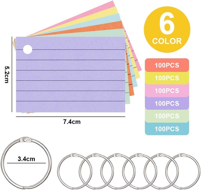 بطاقات فهرسة فيكلون، 600 قطعة 7.4 × 5.2 سم بطاقات تعليمية، بطاقات مراجعة ملونة مع 6 حلقات ربط، بطاقات فهرسة مسطرة، بطاقات ملاحظات مسطرة، بطاقات تسجيل للمكتب والمدرسة والمنزل والدراسة والتسجيل - Image 2