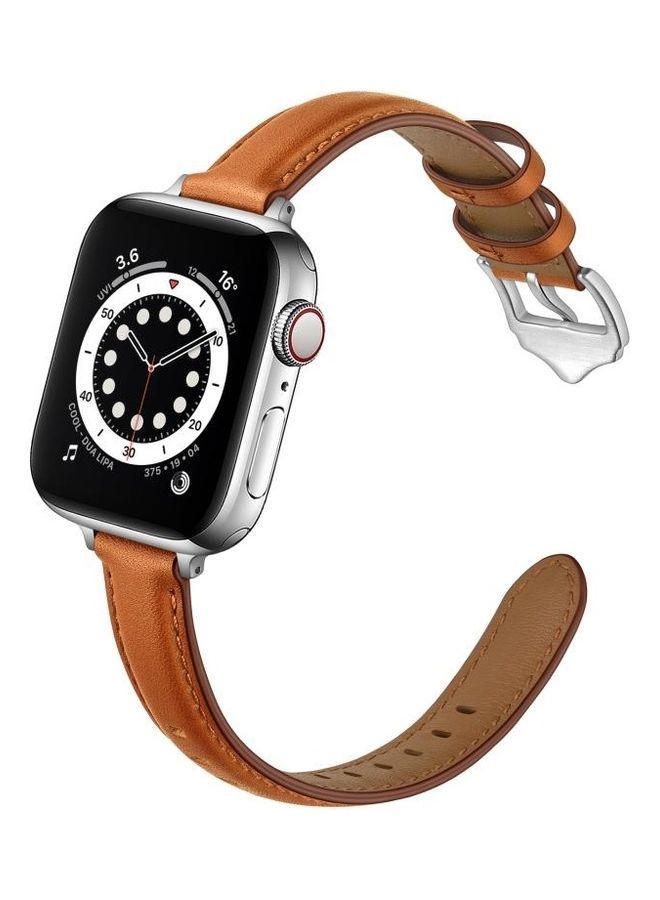 NIBEMINENT Replacement Strap Watchband For Apple Watch Series 7 45mm/6 & SE 5 4 44mm/3 2 1 42mm Brown Silver Buckle - Image 2