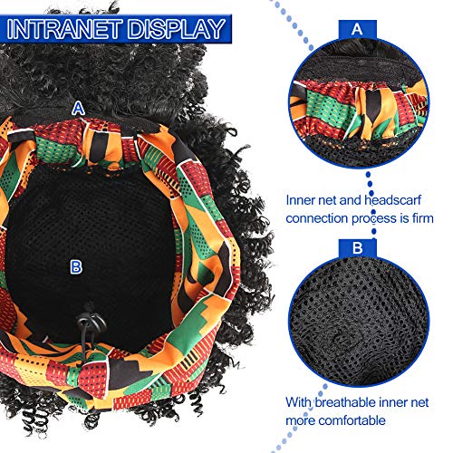 Aisaide Headband Wrap Wigs for Black Women,Synthetic Short Afro Kinky Curly Black Wig with Bangs 2 in 1 Afro Headwrap Wig with Headband Attached Dark Brown High Puff Ponytail - Image 4