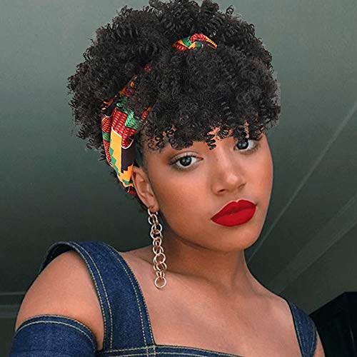 Aisaide Headband Wrap Wigs for Black Women,Synthetic Short Afro Kinky Curly Black Wig with Bangs 2 in 1 Afro Headwrap Wig with Headband Attached Dark Brown High Puff Ponytail - Image 2