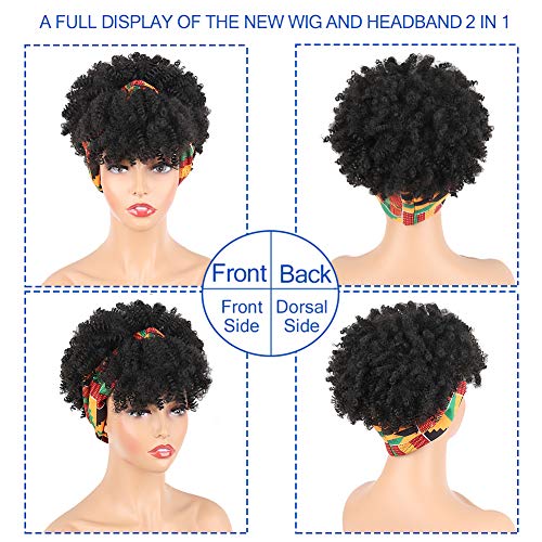Aisaide Headband Wrap Wigs for Black Women,Synthetic Short Afro Kinky Curly Black Wig with Bangs 2 in 1 Afro Headwrap Wig with Headband Attached Dark Brown High Puff Ponytail - Image 3