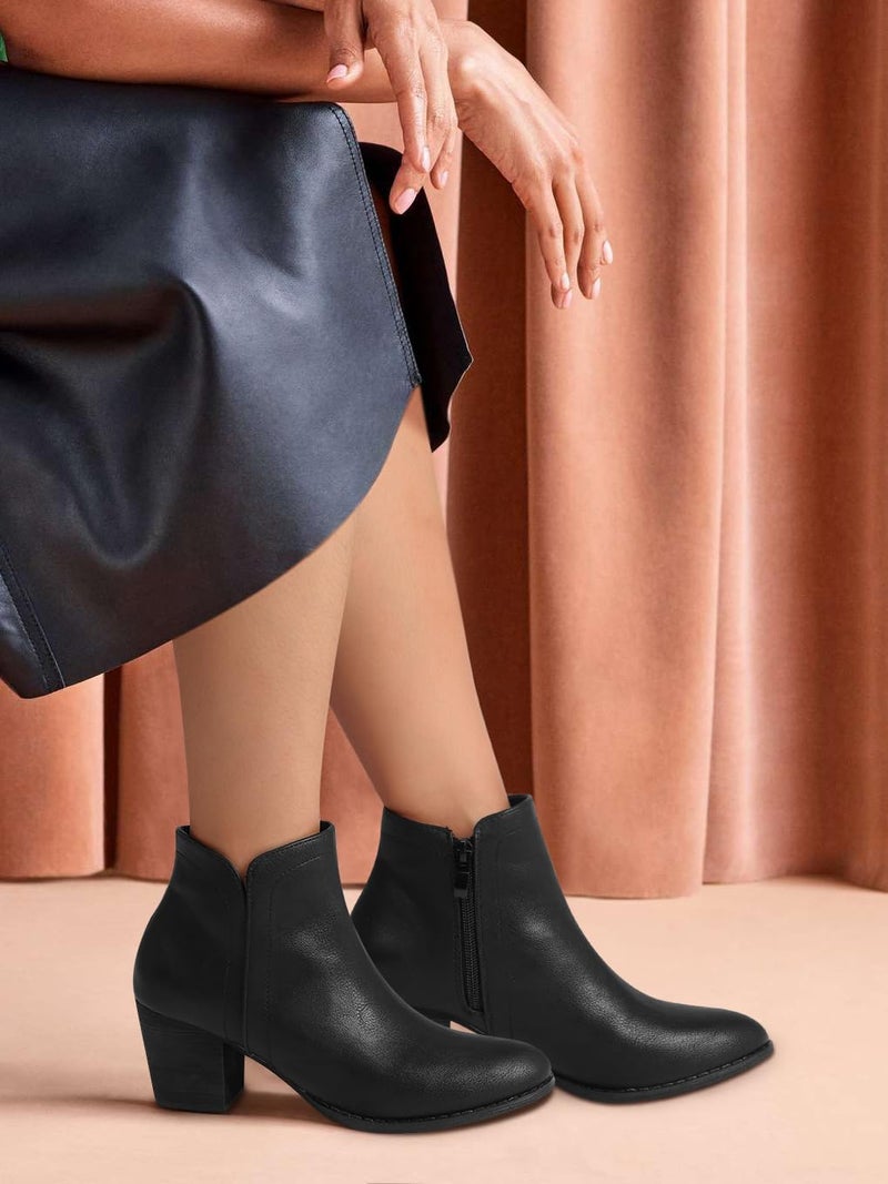 SHIBEVER Women's Ankle Boots Heel: Black Chunky Block Heels Slip On Almond Toe Boots Size 8 Side Zip Leather Booties - Image 2