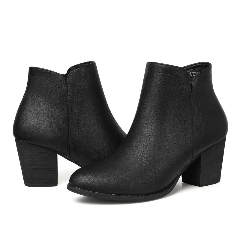 SHIBEVER Women's Ankle Boots Heel: Black Chunky Block Heels Slip On Almond Toe Boots Size 8 Side Zip Leather Booties - Image 1