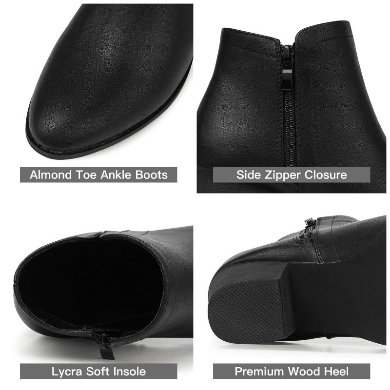 SHIBEVER Women's Ankle Boots Heel: Black Chunky Block Heels Slip On Almond Toe Boots Size 8 Side Zip Leather Booties - Image 4