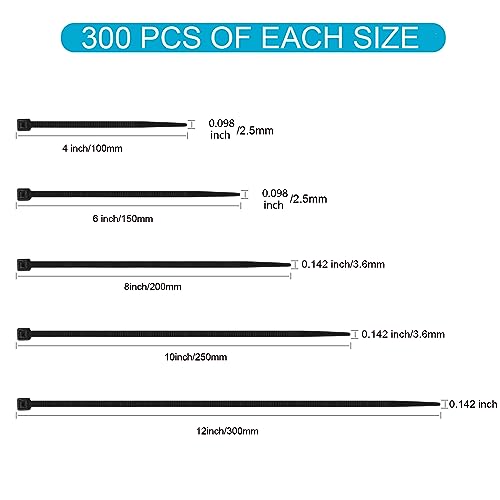 XINGO Black Zip Ties Assorted Size 1500 Pack, 4+6+8+10+12 Inch, Self-Locking UV Resistant Nylon Cable Ties Perfect for Home, Office, Garden and Workshop - Image 2