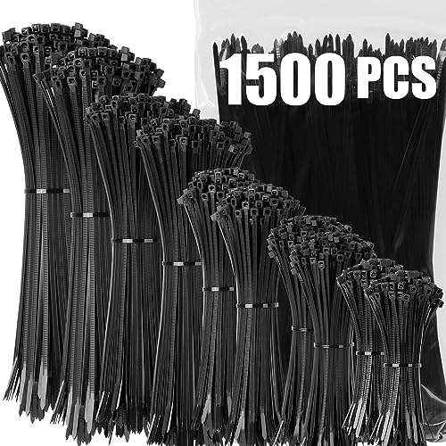 XINGO Black Zip Ties Assorted Size 1500 Pack, 4+6+8+10+12 Inch, Self-Locking UV Resistant Nylon Cable Ties Perfect for Home, Office, Garden and Workshop - Image 1