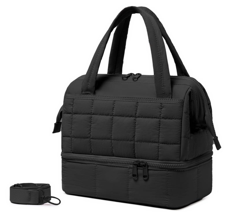 Bluboon Lunch Box for Women Insulated Lunch Bag Double Deck Puffer Quilted Lunchbox Wide Opening Reusable Lunch Boxes Cooler for Work Picnic Travel Office with Adjustable Shoulder Strap Black