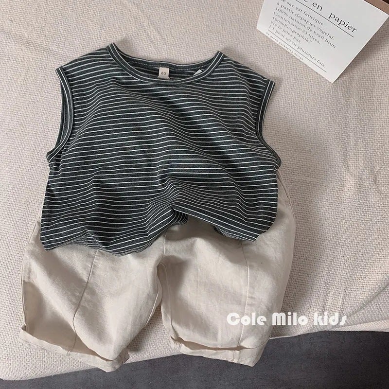 Retro Western Style Boys' Vest Summer Pure Cotton Sleeveless Girls Striped T-Shirt Children'S Outer Wear Top Baby Korean Style Trendy - Image 4