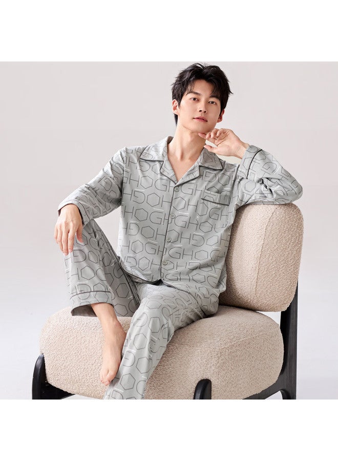 Fentengcare Spring Autumn Pure Cotton Men's Long Sleeve Pajama Set With Premium Lapel Collar Homewear Suitable For Outdoors 3XL - Image 2