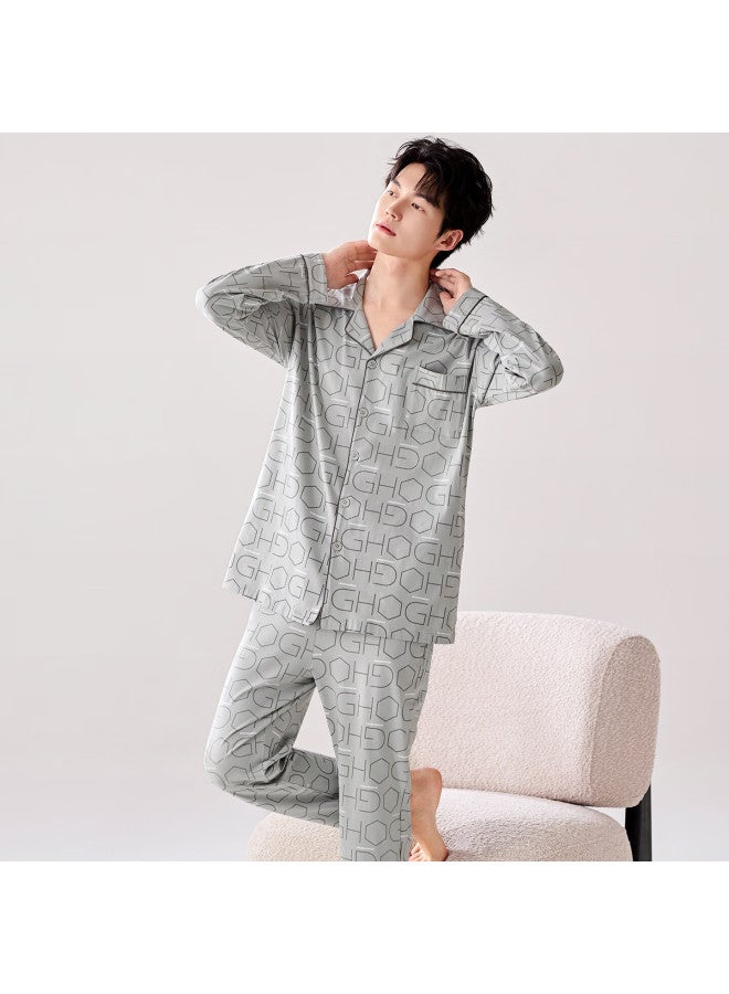 Fentengcare Spring Autumn Pure Cotton Men's Long Sleeve Pajama Set With Premium Lapel Collar Homewear Suitable For Outdoors 3XL - Image 4