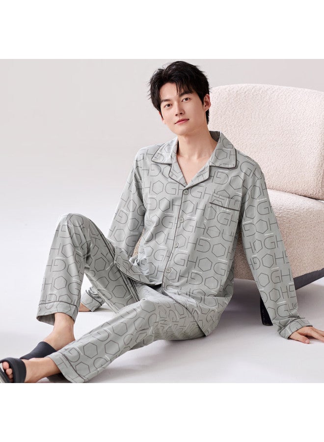 Fentengcare Spring Autumn Pure Cotton Men's Long Sleeve Pajama Set With Premium Lapel Collar Homewear Suitable For Outdoors 3XL - Image 1