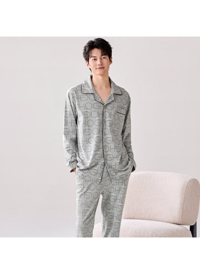 Fentengcare Spring Autumn Pure Cotton Men's Long Sleeve Pajama Set With Premium Lapel Collar Homewear Suitable For Outdoors 3XL - Image 3