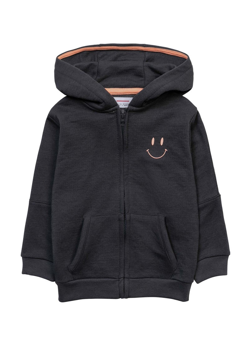 MINOTI Boys Zip Hoodie with Smiley Print and Front Pockets  - Image 1