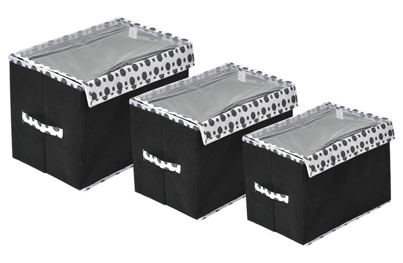 Kuber Industries Kuber Industries Dot Printed Foldable NonWoven 3 Pieces Storage BoxBin For Books Towels Magazines DVDs More With Tranasparent Lid Set of 3 Black 44KM0428  - Image 1