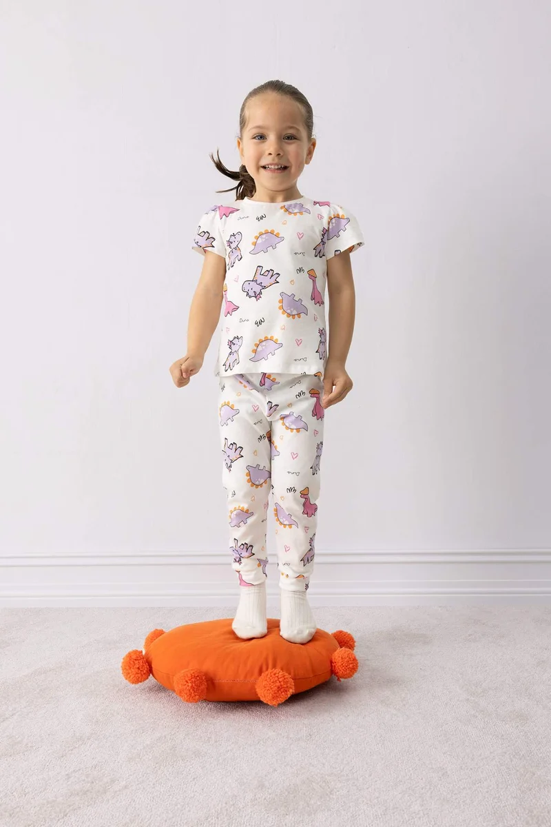 Defacto Baby Girl Dinosaur Printed Cotton Top Bottom 2 Piece Pyjamas Set