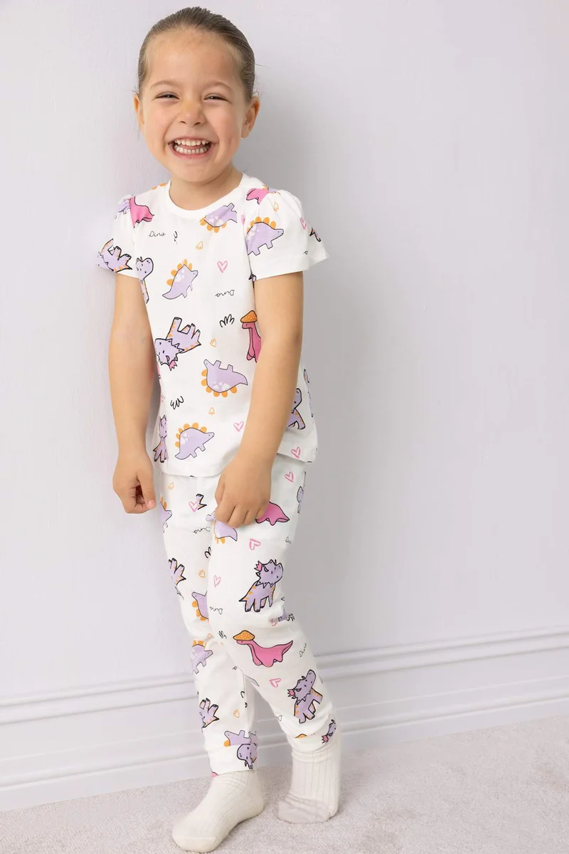 Defacto Baby Girl Dinosaur Printed Cotton Top Bottom 2 Piece Pyjamas Set