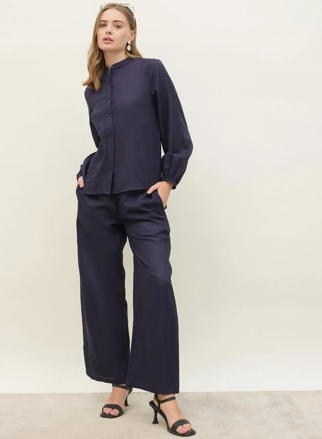 ستايلي Styli Navy Blue Pintuck Detail Slub Shirt and Pants Co-Ords