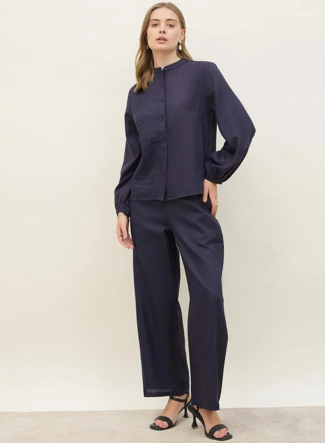 ستايلي Styli Navy Blue Pintuck Detail Slub Shirt and Pants Co-Ords