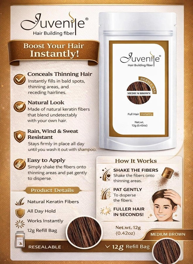 جوفينايل عبوة إعادة تعبئة ألياف الشعر للأطفال - ألياف بناء الشعر للرجال والنساء، بني متوسط (12 غرام) | تخفي فوراً ترقق الشعر وفراغات الشعر | ألياف الكيراتين الطبيعية - Image 4