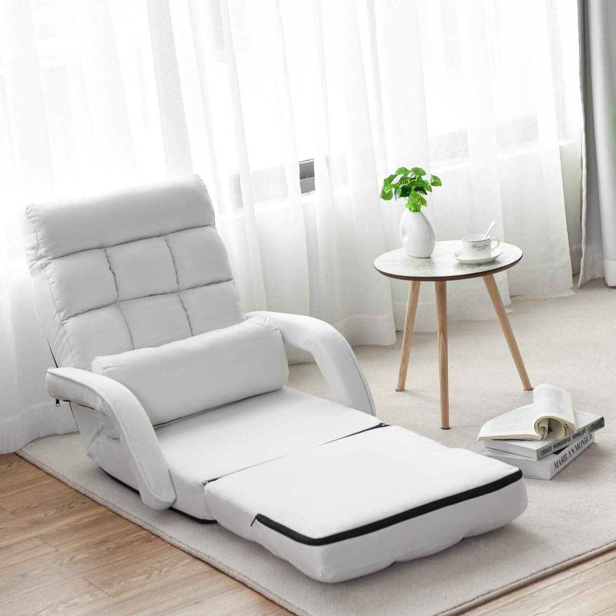 COSTWAY Adjustable Folding Lazy Sofa Bed with Armrests and Pillow Convertible Floor Armchair Sofa Seat for Home Office EasytoClean White
