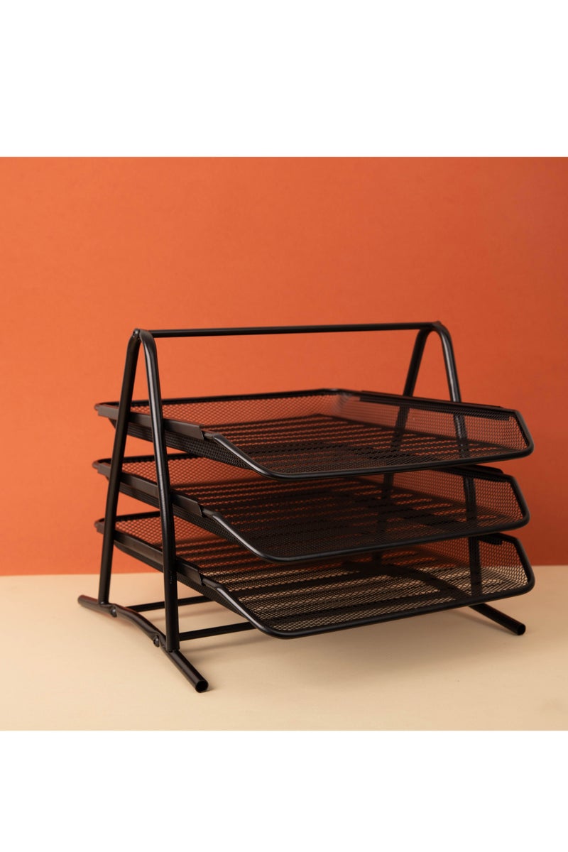 بريما منظم ملفات مكتبي حديد من 3 طبقات أسود | تصميم ثلاثي الطبقات لتنظيم فعال، هيكل حديدي متين للاستخدام طويل الأمد، حجم مدمج موفر للمساحة للمكتب والمنزل - Image 2