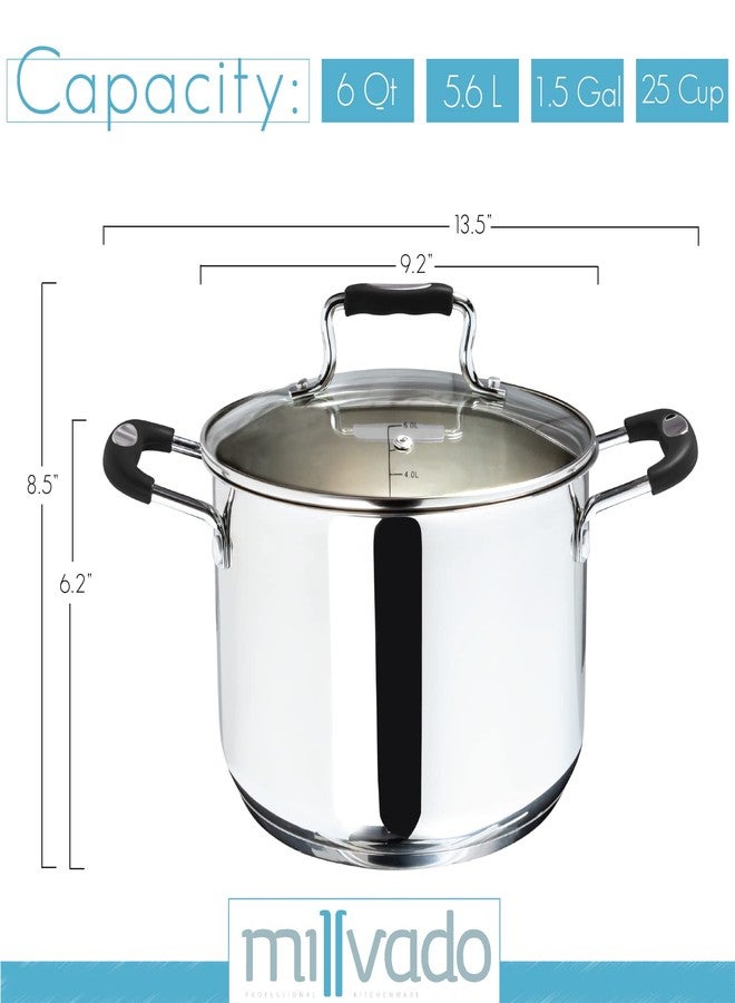 Millvado Stock Pot, 6 Quart Stainless Steel Pot, StockPot With Clear Glass Lid, Steam Hole, Permanent Measurement Markings, Gas, Electric and Induction Compatible Boiling Pot - Image 2