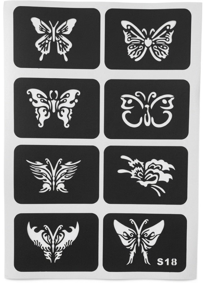 استنسل وشم مؤقت فراشات 8 تصميمات – قوالب حناء لاصقة للجسم بتصاميم واقعية وترايبال – استيكر فينيل مرن لإستنسل التاتو المؤقت بالحناء والجاجوا والجليتر – سهل الاستخدام لليد والذراع والكتف – أدوات رسم حناء احترافية للنساء والبنات - Image 1