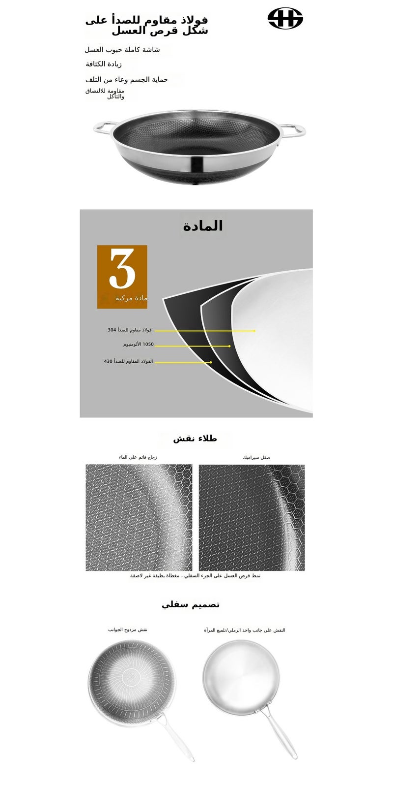 مقلاة ووك بيدين مع طلاء غير لاصق وتشطيب مرآتي ونقش مزدوج الجانبين - Image 1