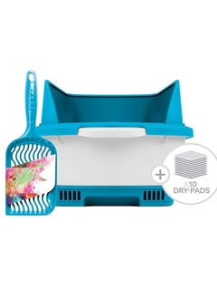 Cat Litter Box Complete Starter Kit with Height Extension, 10 Dry-Pads and Scoop Blue