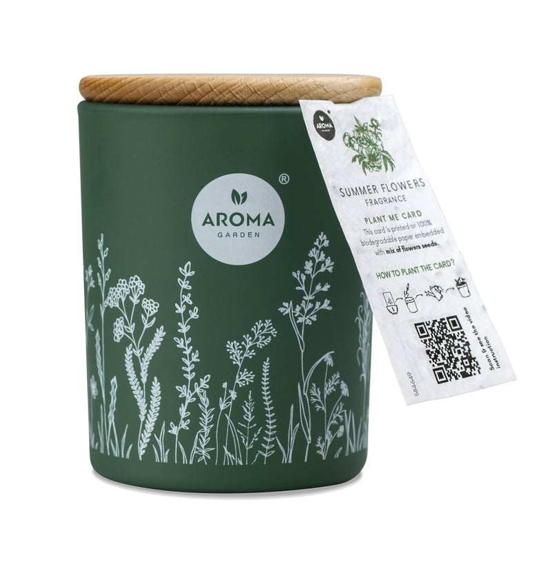 اروما هوم شمعة معطّرة من شمع طبيعي بعبير الحديقة المنعش، مع بطاقة ورقية قابلة للزراعة تحتوي على بذور أزهار متنوعة، مصنوعة في بولندا (زهور الصيف) - Image 1