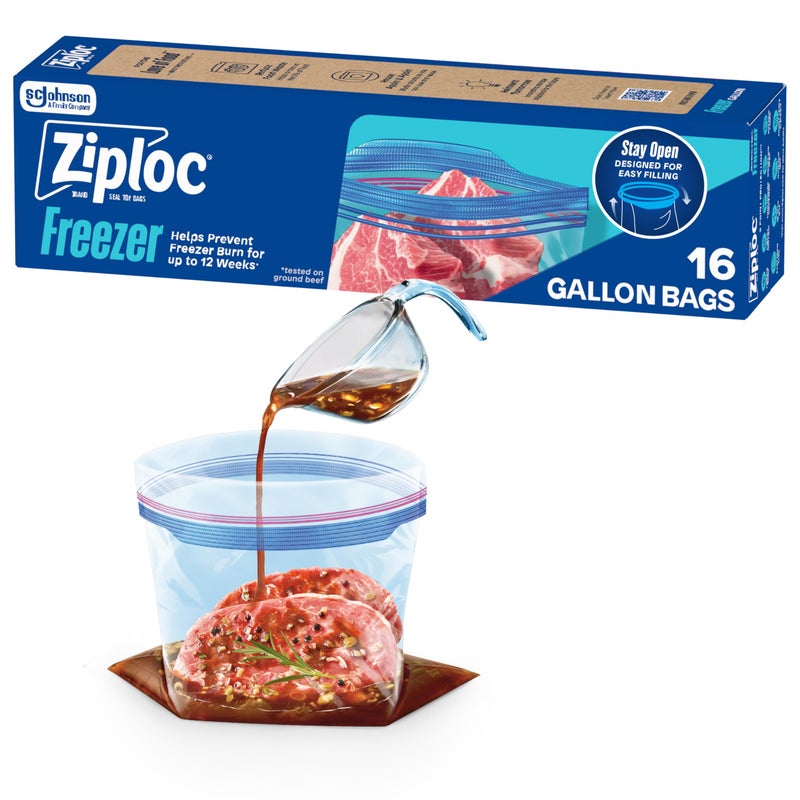 Ziploc Gallon Food Storage Freezer Bags, Stand-Up Bottom, Easy to Fill, 16 Count - Image 1