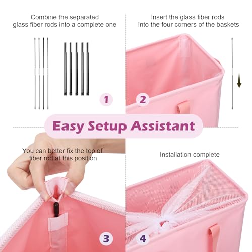 Odonata Slim Laundry Hamper Handles Collapsible Laundry Basket Thin Dirty Clothes Basket Narrow Laundry Bag Foldable Dirty Hamper 45L (Pink) - Image 3
