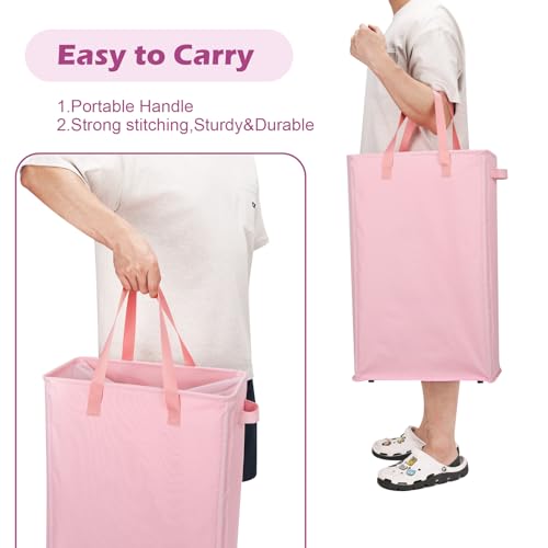 Odonata Slim Laundry Hamper Handles Collapsible Laundry Basket Thin Dirty Clothes Basket Narrow Laundry Bag Foldable Dirty Hamper 45L (Pink) - Image 4