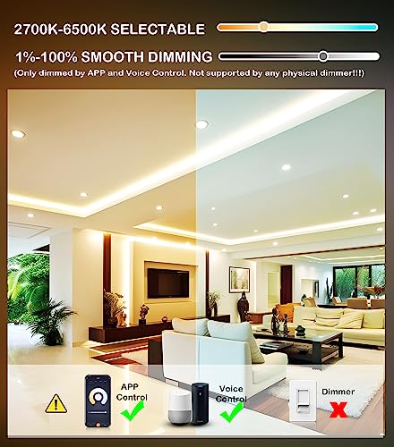 CLOUDY BAY [6 Pack] 4inch Smart WiFi LED Recessed Lights,RGBCW Color Changing Recessed Lighting,Compatible with Alexa and Google Home Assistant,10W 2700K-6500K,CRI90+ Wet Location,White Finish - Image 5