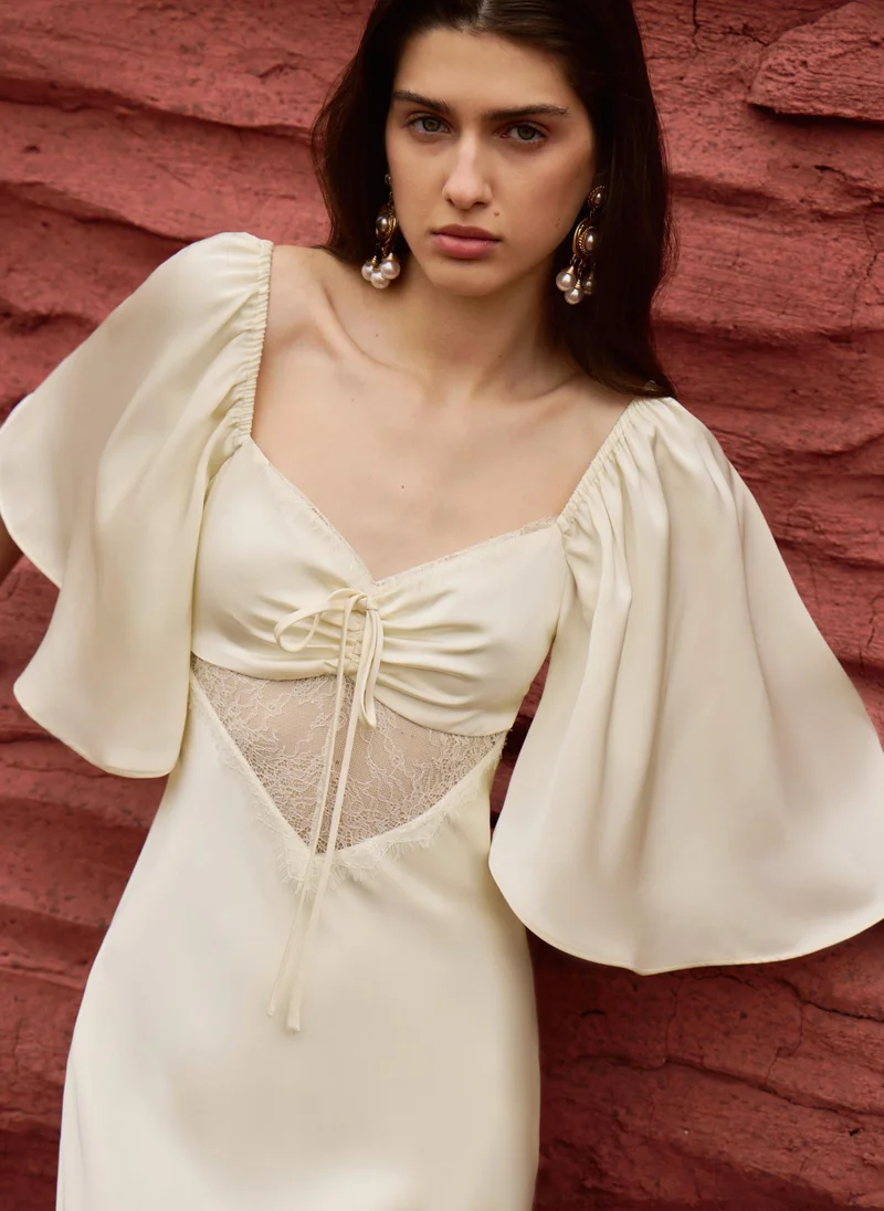 Lichi  Lightweight satin maxi dress with lace insert at the waist for Women | Best Price UAE