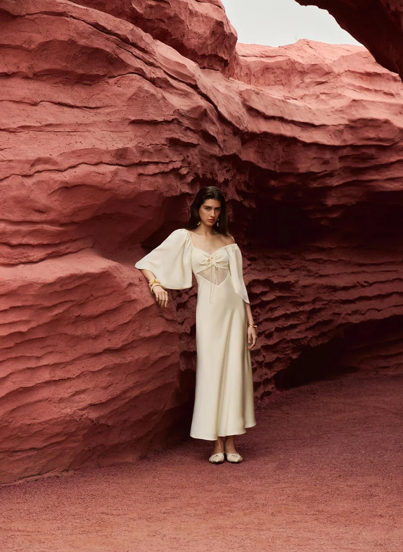 Lichi  Lightweight satin maxi dress with lace insert at the waist for Women | Best Price UAE