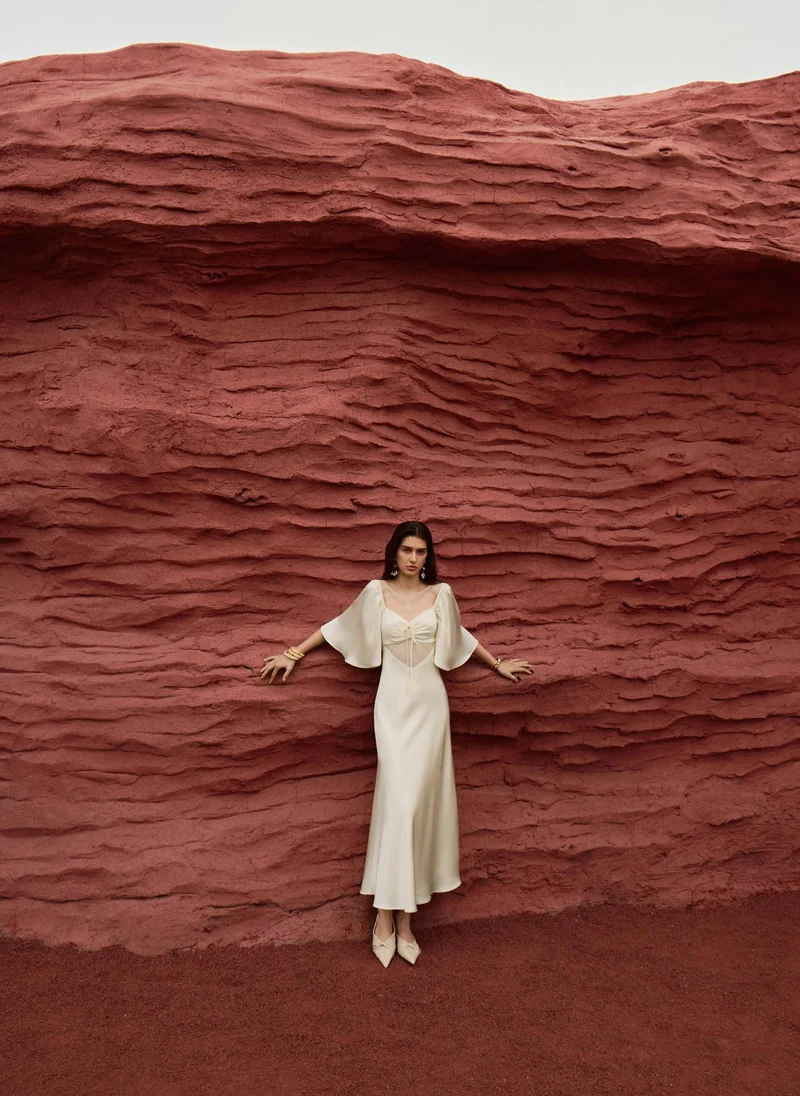 Lichi  Lightweight satin maxi dress with lace insert at the waist for Women | Best Price UAE