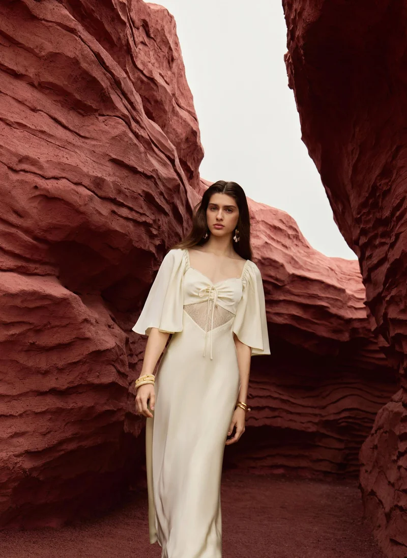 Lichi  Lightweight satin maxi dress with lace insert at the waist for Women | Best Price UAE