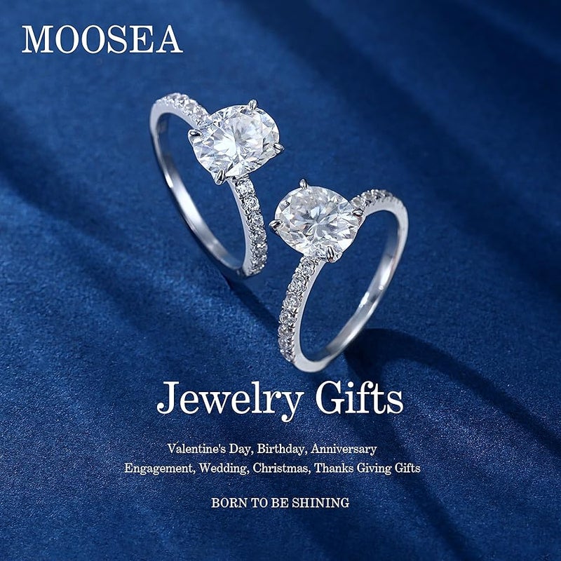 MOOSEA خواتم مويسانيت بيضاوية 2 قيراط للنساء من موسيا، خاتم خطوبة من الفضة الاسترلينية عيار 925 مطلي بالذهب الابيض عيار 18 قيراط، خاتم خطوبة مويسانيت من الفضة الاسترلينية عيار 925 للنساء، خواتم حجر - Image 3