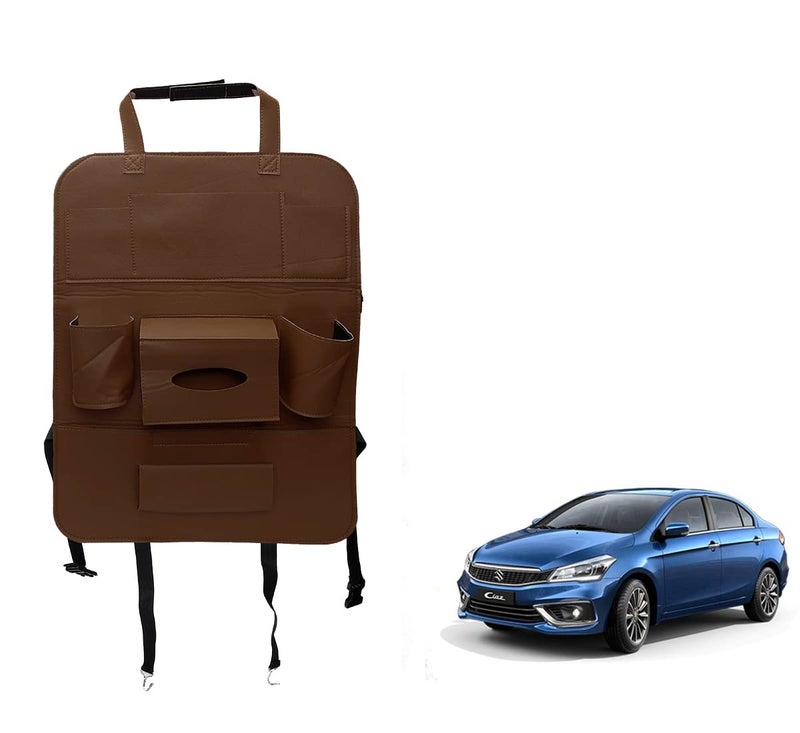 Oshotto Car Backseat Storage Organizer Phone Holder,Multi-Pocket for Bottles, Tissue Boxes,Kids Toy Storage and Great Travel Accessory Compatible with Maruti Suzuki Ciaz (Brown) - Image 1