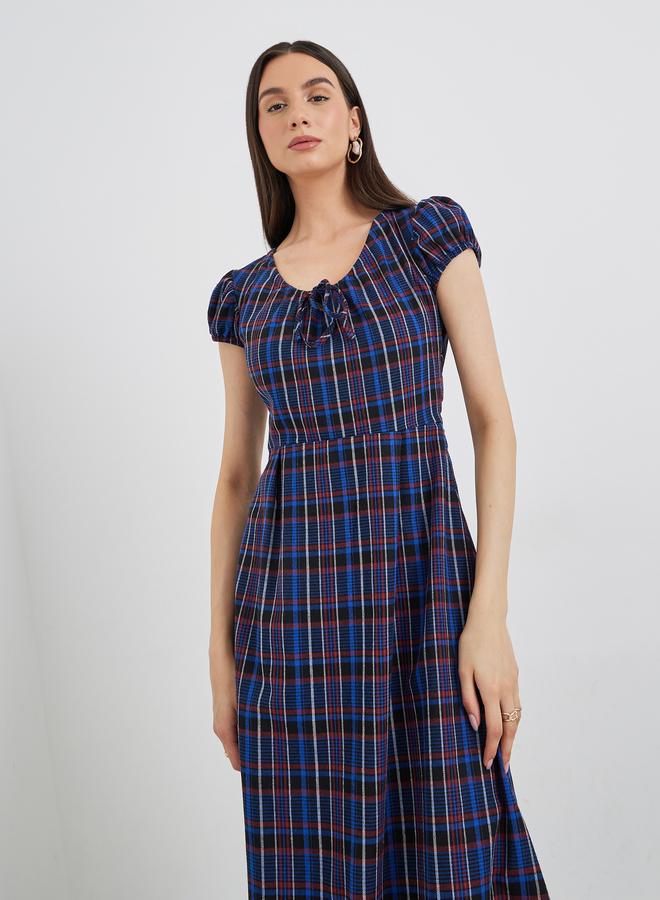 تايك تو فستان طويل بطبعة مربعات وأكمام منفوخة - Image 3