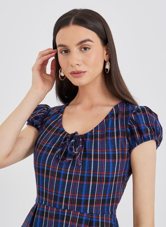 تايك تو فستان طويل بطبعة مربعات وأكمام منفوخة - Image 4