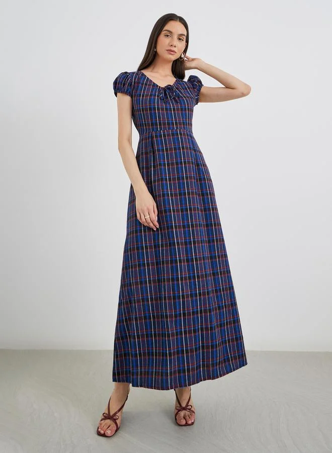 Take Two Take Two Checked Print Puff Sleeve A-Line Maxi Dress