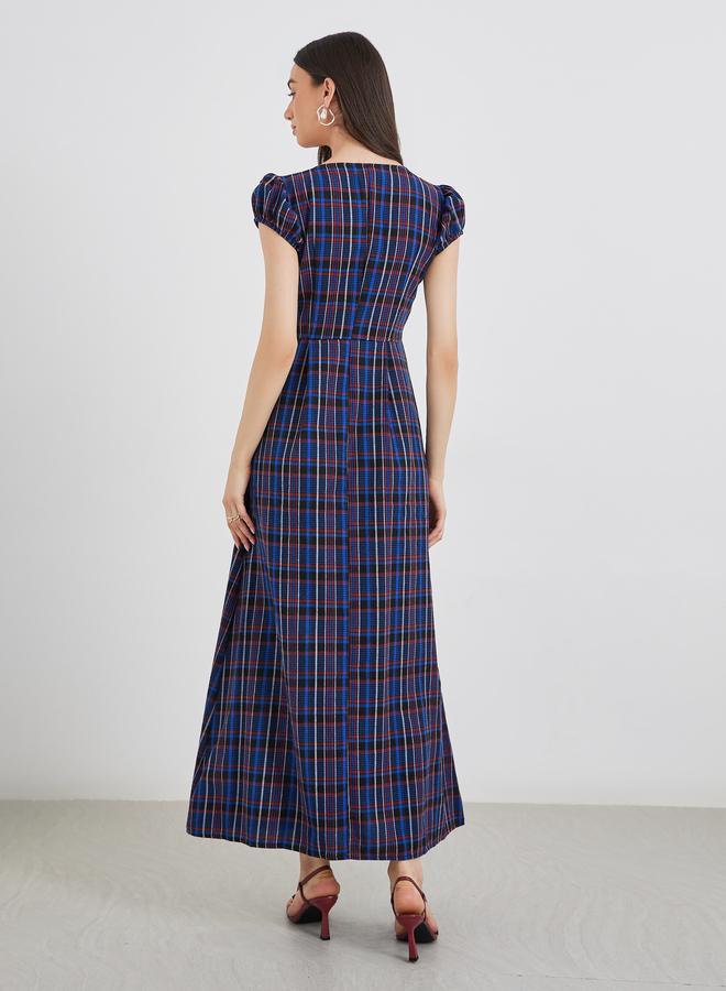 تايك تو فستان طويل بطبعة مربعات وأكمام منفوخة - Image 5