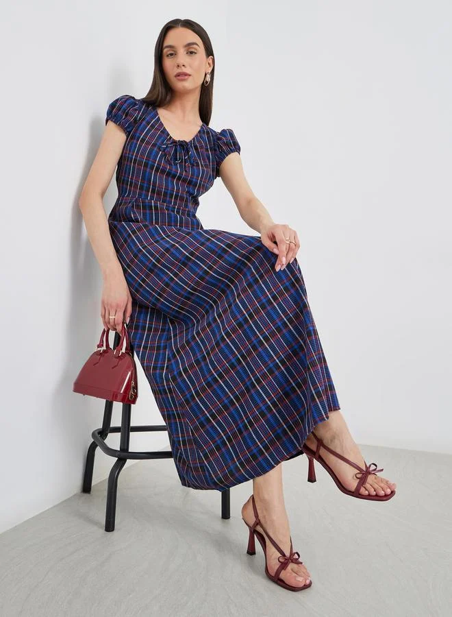Take Two Take Two Checked Print Puff Sleeve A-Line Maxi Dress