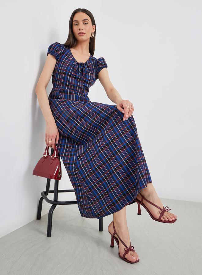 تايك تو فستان طويل بطبعة مربعات وأكمام منفوخة - Image 1